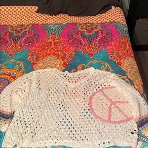 POL White Crochet Top with Pink Accents